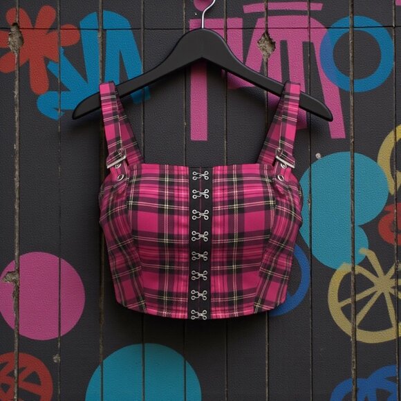 Hot Topic Tops - Hot Topic Social Collision Hot Pink Plaid Crop Top with Hook & Eye Details